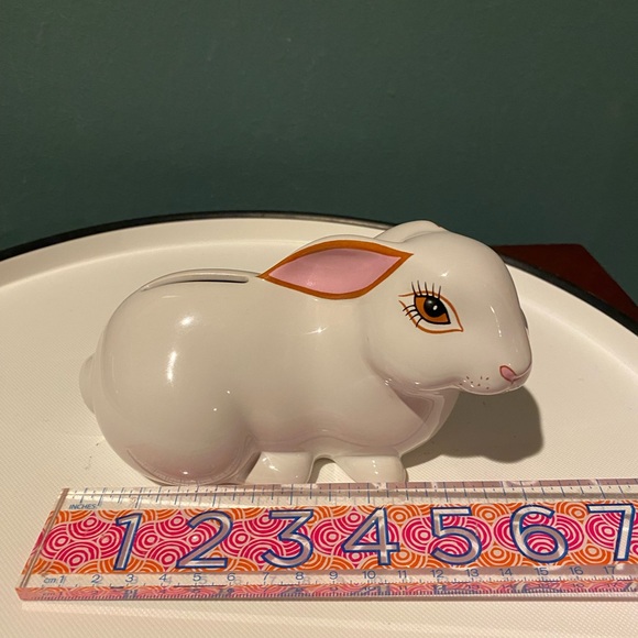 Lynn Chase Designs Ceramic Bunny Rabbit Coin Bank with Butterfly Neiman Marcus - Picture 6 of 7